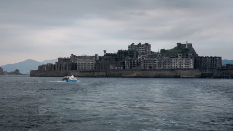 Battleship Island Gunkanjima from Boat, Nagasaki, Japan.