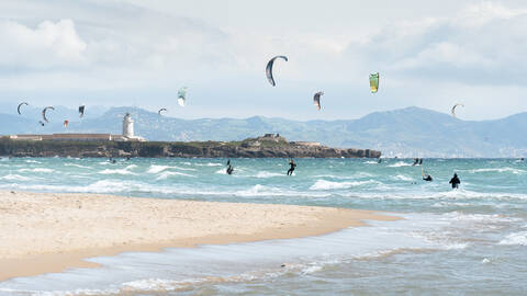 Kitesurfing at Playa de los Lances, Tarifa, Costa de la Luz, Spain.