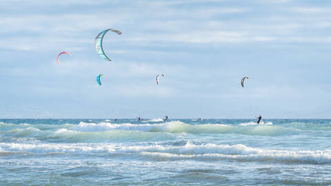 Kitesurfing at Playa de los Lances, Tarifa, Costa de la Luz, Spain.